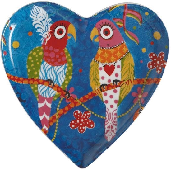 Piatto a forma di cuore con motivo di ara, in scatola regalo, ceramica, blu, 15,5 cm, "Cuori Amorosi