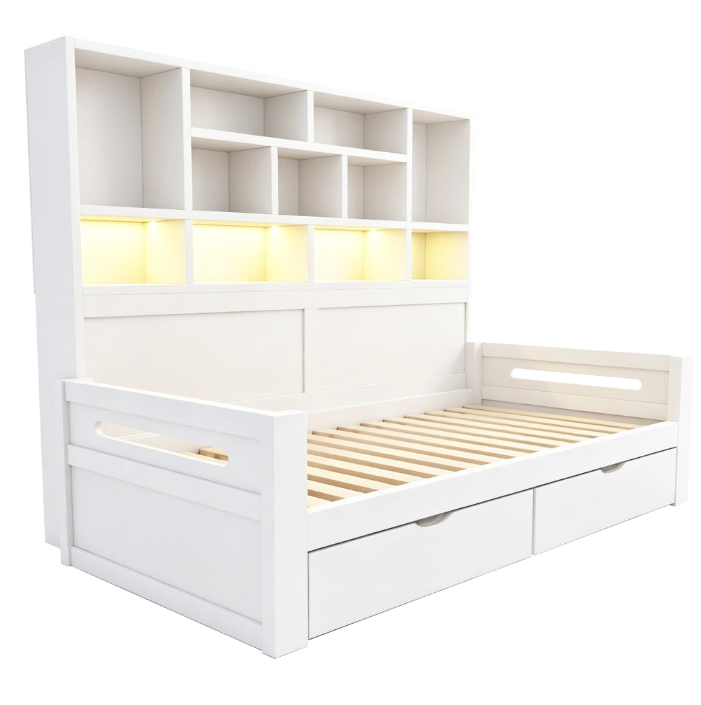 Letto singolo multifunzione 90x200 cm con LED; prese e 2 cassetti in MDF bianco
