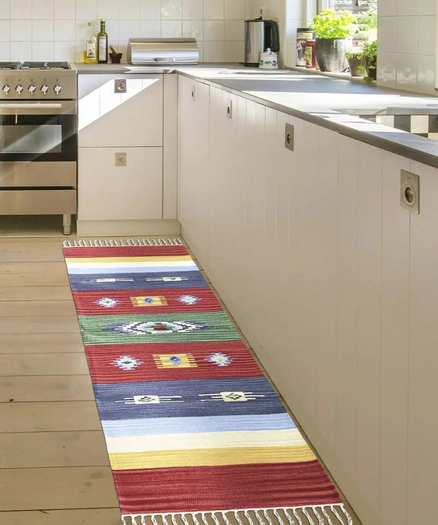 Tappeto passatoia KELIM 03 disegni etnici orientali colori vivaci cm.60x90 tessuto e frangia 100% cotone, lavabile in lavatrice