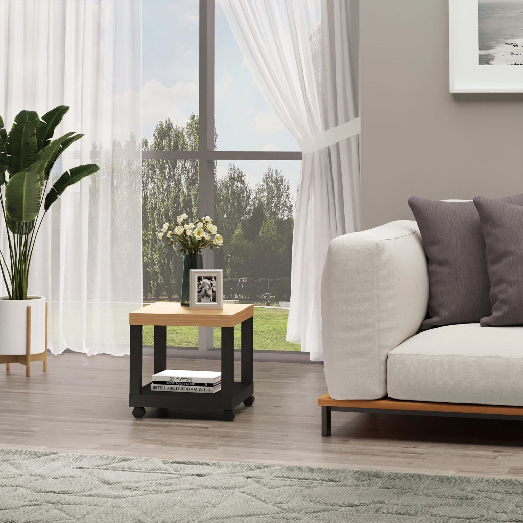 Tavolino da caff¨¨ con ruote e scaffale aperto ¨C zephmum ¨C 40x40x40 cm legno naturale e nero