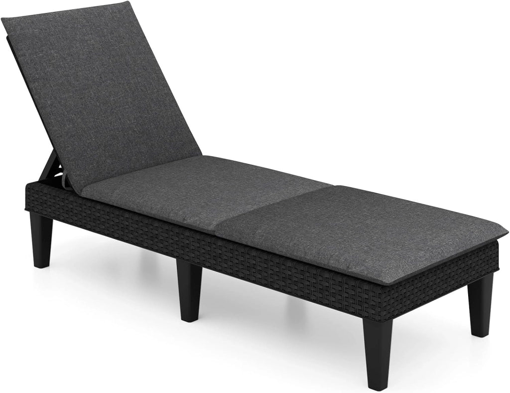 Lettino Prendisole con Schienale Reclinabile in 3 Livelli, Sedia a Sdraio da Spiaggia in Rattan PP, Lettino da Giardino per Esterno, Piscina, Max Portato 150 kg, Nero (Con Cuscino Grigio)