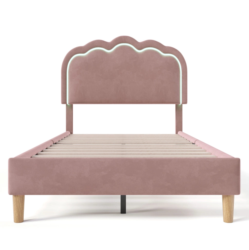 Letto imbottito singolo 90x190 cm in velluto rosa con testiera LED regolabile