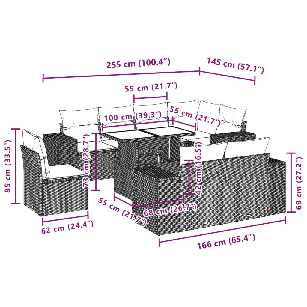 Set Divano da Giardino 9 pz con Cuscini Beige in Polyrattan 3269298