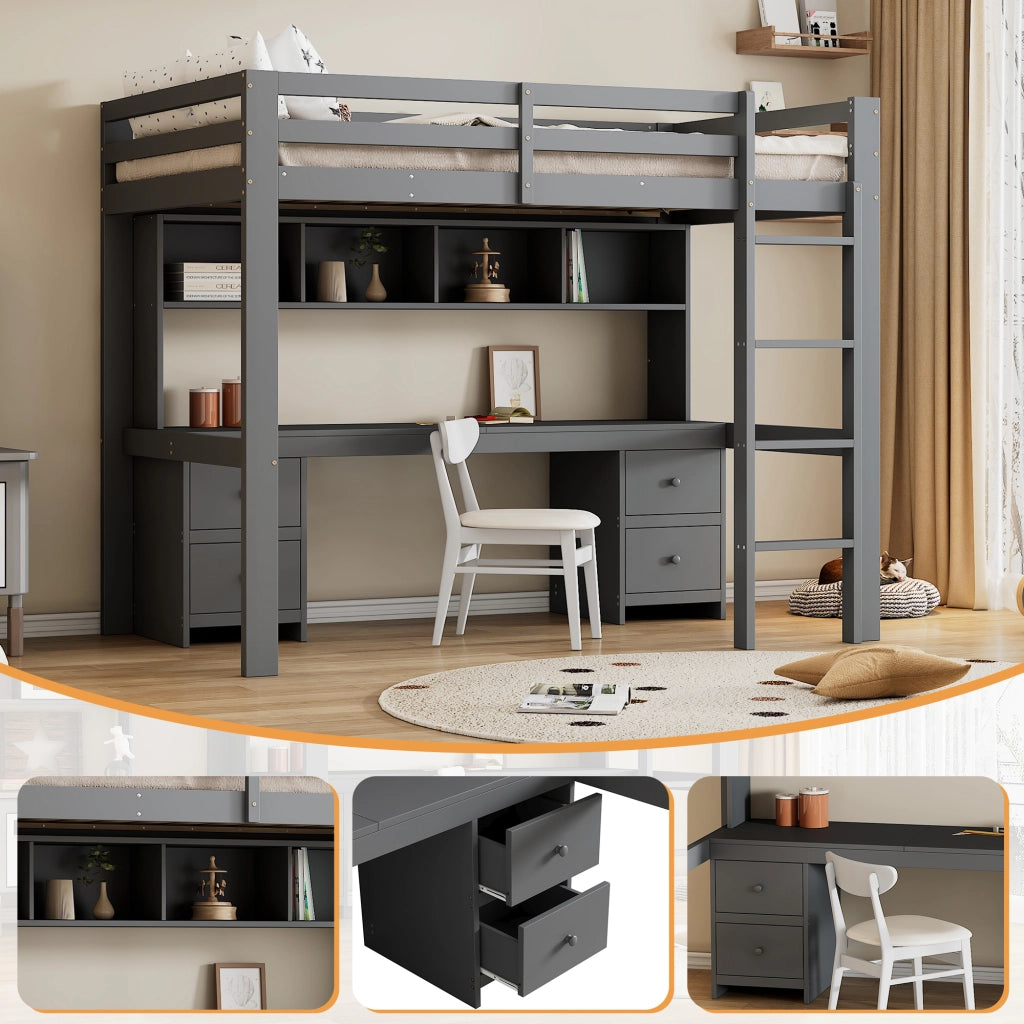 LETTO A SOPPALCO 90 x 200 cm con scrivania, cassetti, grigio