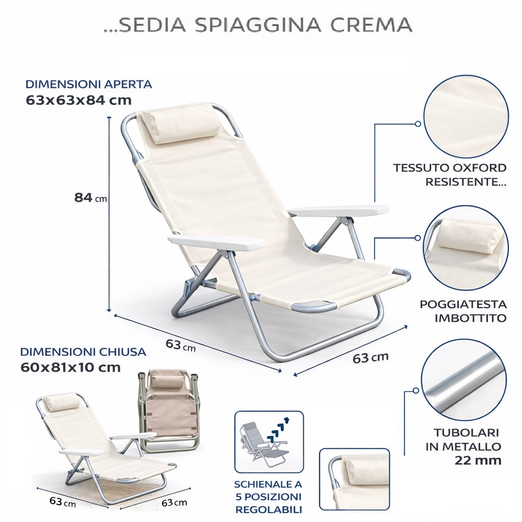 Sedia Spiaggina Prendisole Pieghevole Reclinabile 5 Posizioni Crema Mare Spaggia