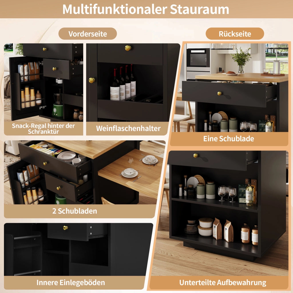 MOBILE ISOLA CUCINA ESTENSIBILE 122,5-195,5 cm Nero MDF