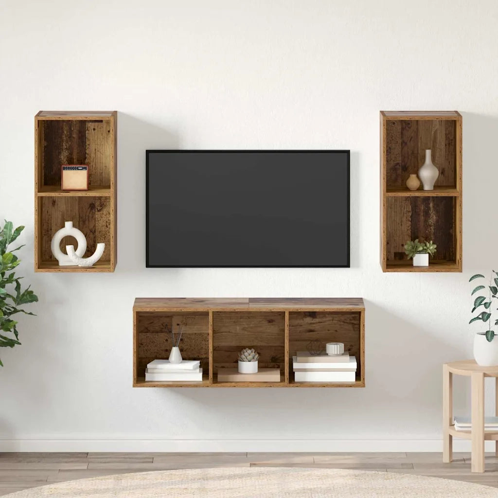Set mobile TV 3 pz-Set di 3 Credenza per TV Legno vecchio Legno multistrato 626653