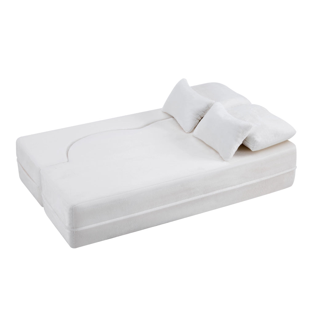 Divano modulare convertibile moderno con funzione letto e cuscino, per soggiorno e ospiti, in schiuma e molle bianco