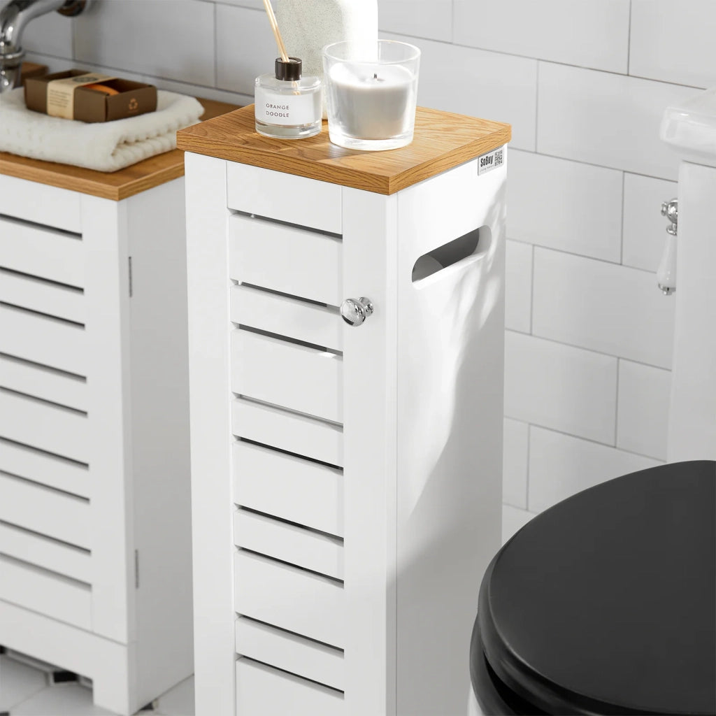 Porta Carta Igienica Colonnina Da Bagno Mobiletto Mobile Bagno Bianco-Naturale 20x18x75cm BZR85-W