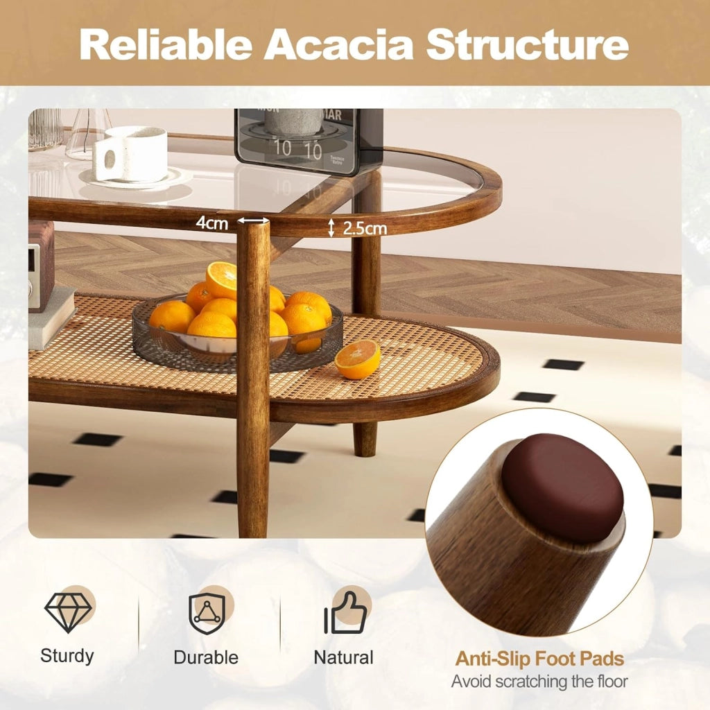 Tavolino da Caffè Ovale, Legno Massello con Piano in Vetro e Ripiano in Rattan, Rustico, 102x56x47 cm, per Soggiorno, Marrone