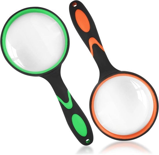 Due lenti di ingrandimento da 50 mm con manico antiscivolo in gomma, 10x ingrandimento, lente di ingrandimento antiscivolo per bambini e anziani per libri scientifici, riviste, insetti, hobby (verde + arancione)