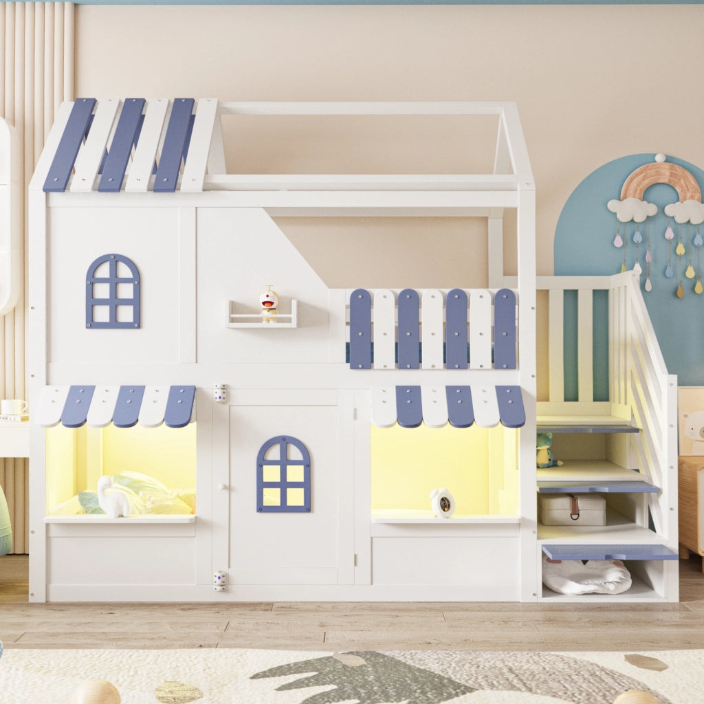Letto a castello per bambini 90x200 cm a forma di casetta; con LED; ripiani; bianco e blu