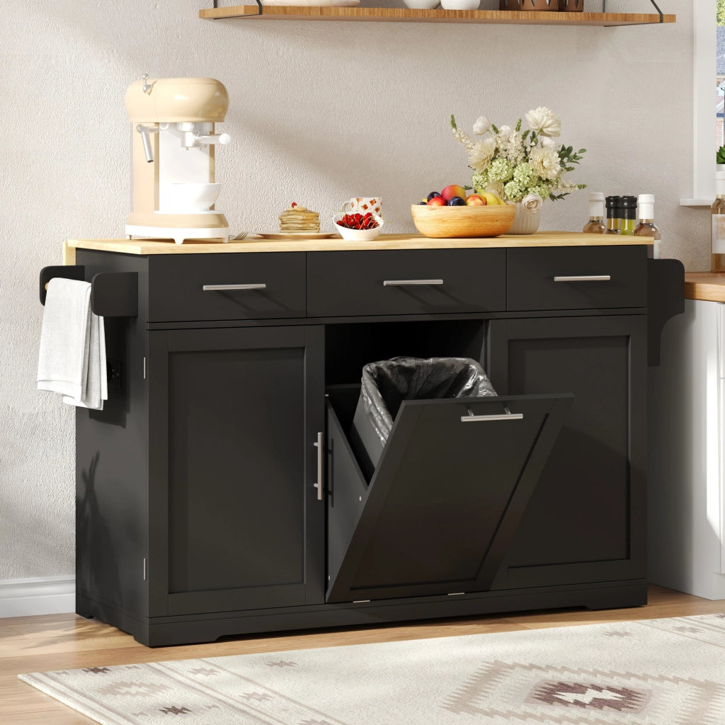 Carrello da cucina con 3 cassetti; 2 ante e vano rifiuti; portasciugamani e prese integrate; in MDF; nero e naturale