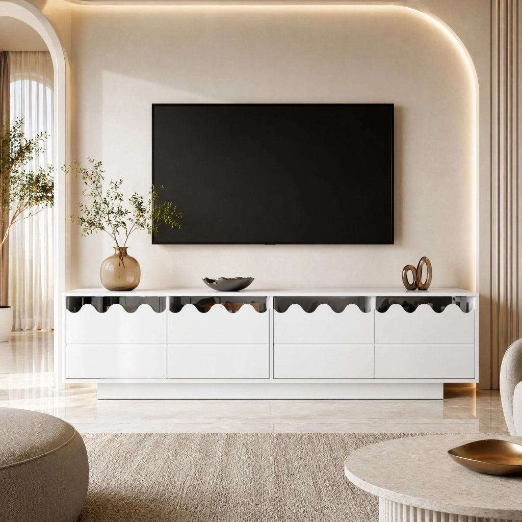 Mobile porta TV con 4 ante e design a onde in MDF e pannello truciolare bianco 170 × 40 × 45 cm