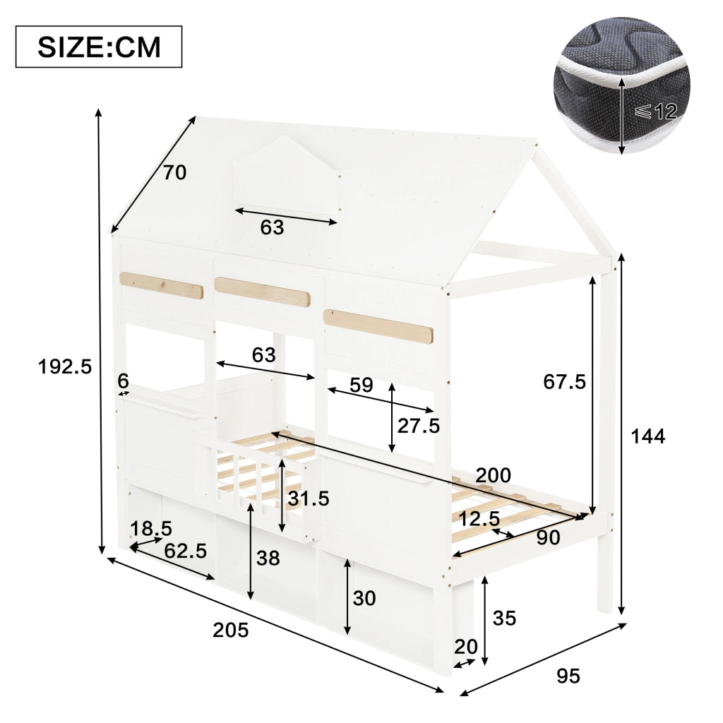 Letto a Soppalco 90x200 cm; Letto per Bambini - Libreria Integrata - in Legno - Bianco