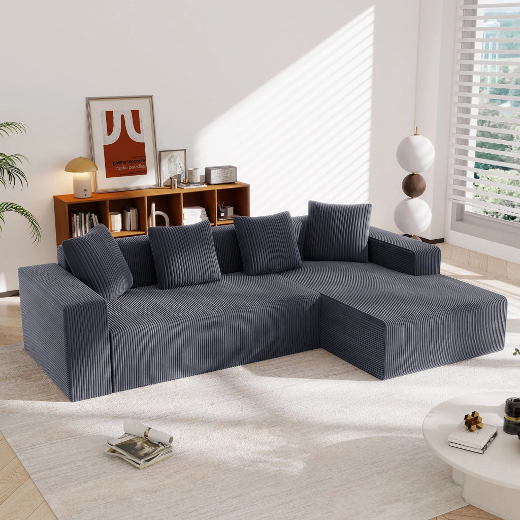 Divano modulare 261x146x65 cm con chaise longue; seduta profonda; velluto a coste grigio