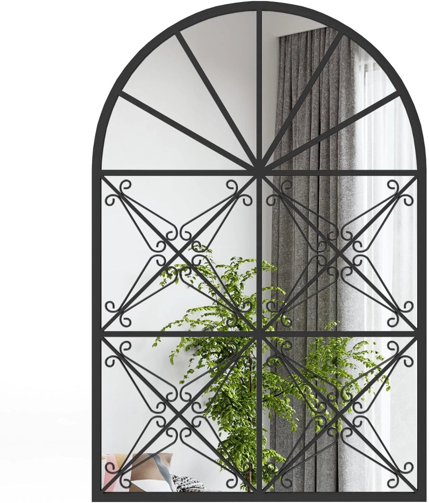 Specchio Ad Arco, Specchio da Parete 58 x 87cm con Cornice in Metallo, Specchio Decorativo a Finestra per Soggiorno Ingresso Camera da Letto e Bagno