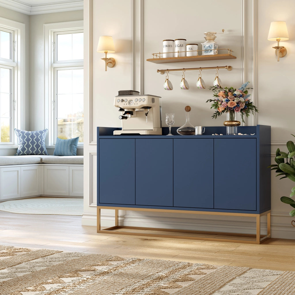 Credenza buffet 120cm blu marino, mobile soggiorno pannello di particelle con base metallo oro, 4 ante push‑to‑open, ripiani regolabili per sala da pranzo ingresso