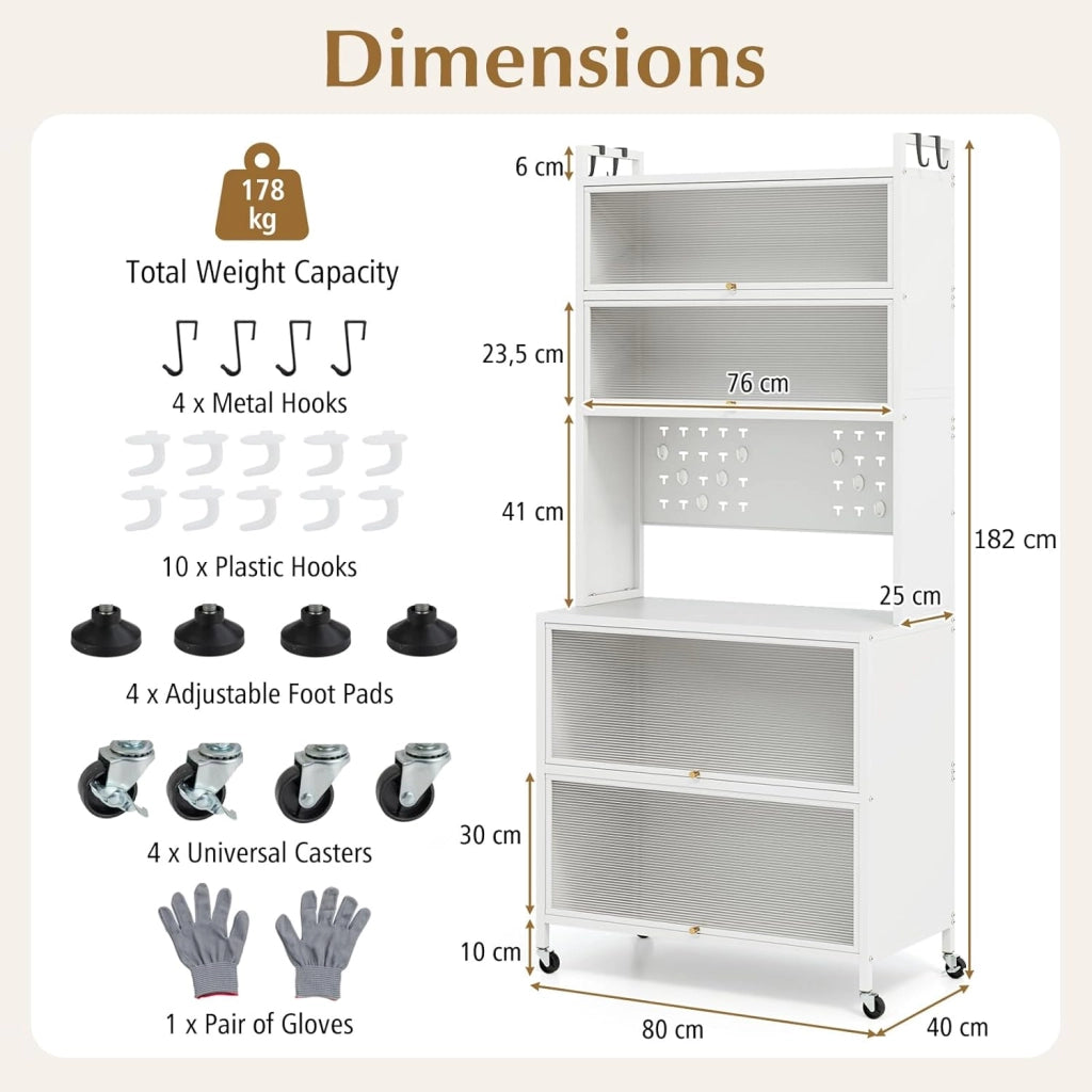 Mobile da cucina alto a 6 livelli, credenza cucina con ruote, 10 ganci, ante pieghevole, pannello perforato, mobile vetrina in acciaio, per soggiorno, sala da pranzo (bianco)