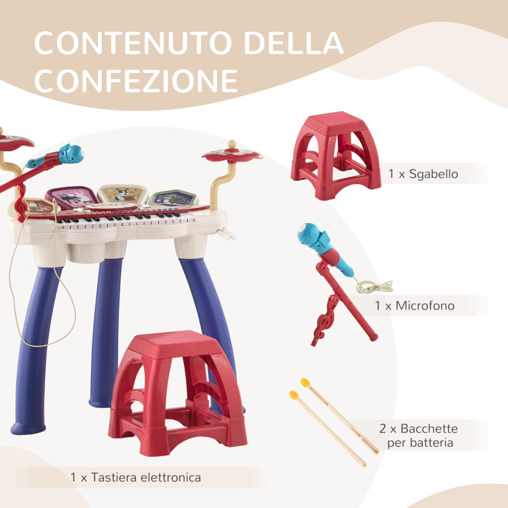Pianola per Bambini 3-6 Anni con Sgabello, Microfono, Tamburo e Bacchette, in PP e ABS, 74x32.2x71 cm