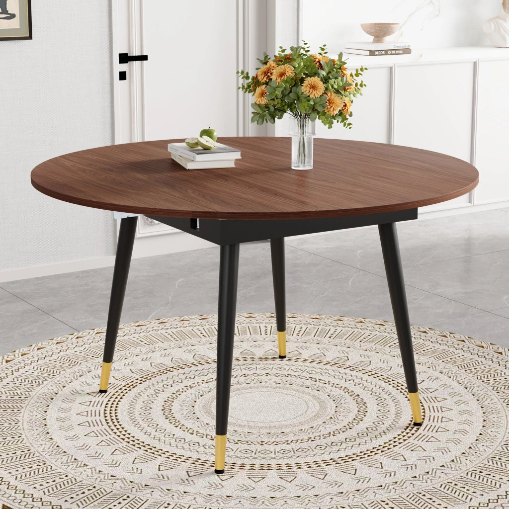 Tavolo da pranzo - estraibile da rotondo a ovale - MDF nero/noce - gambe oro - salvaspazio - per cucina e sala