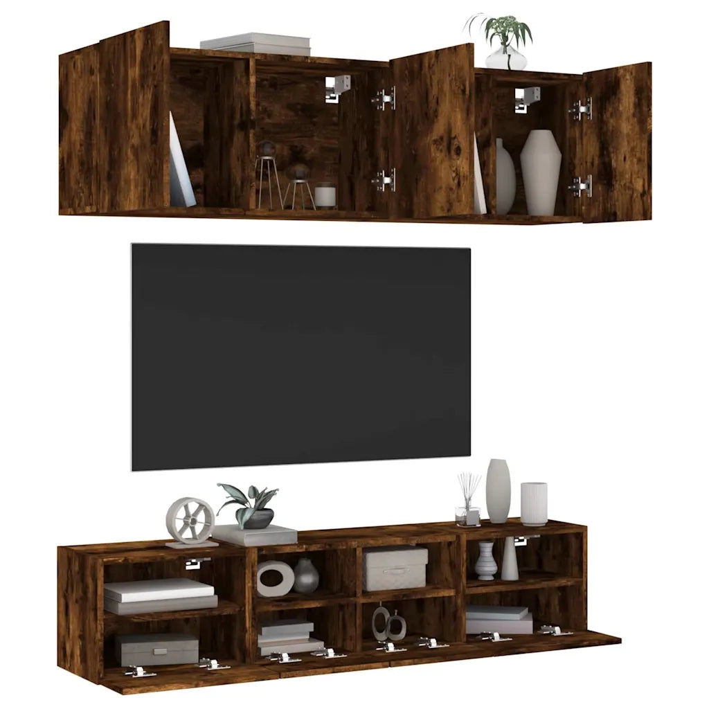 Mobili TV a Muro 5pz | Armadietto TV | Mobile Porta TV Rovere Fumo in Legno Multistrato