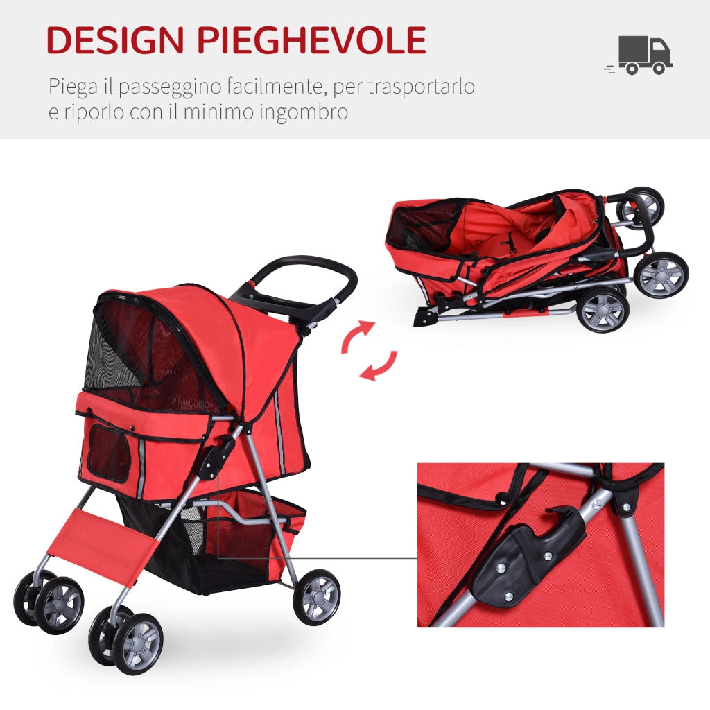 EasyComfort Passeggino per Cani Pieghevole in Tessuto con Cestino e Portabicchieri, 75x45x97cm - Rosso