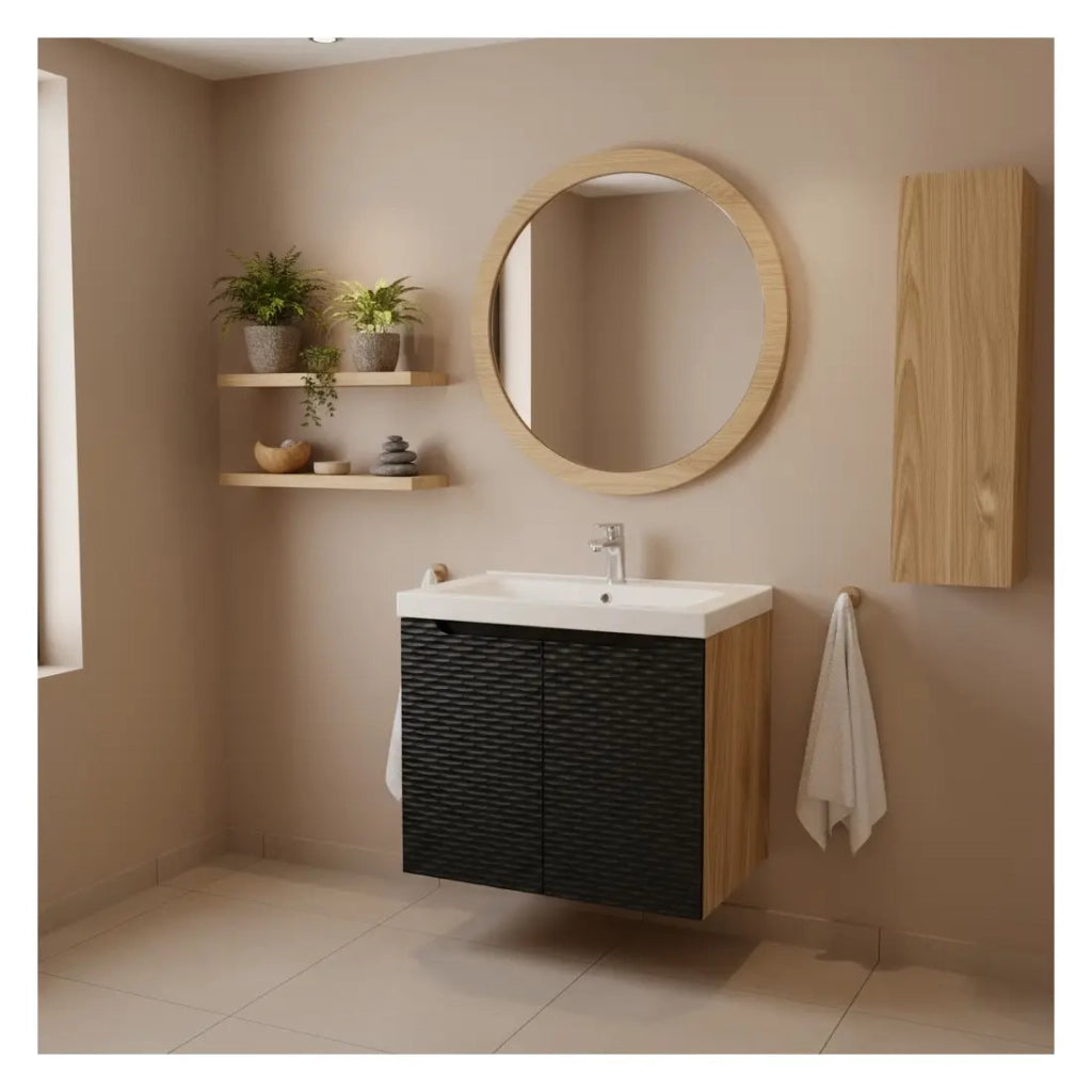 Mobile sottolavabo YOKA - Rovere chiaro e nero - L60 × P46 × H57 cm - Da appendere