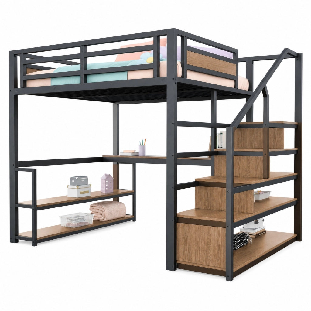 Letto a soppalco in metallo 140x200 cm nero con scrivania; ripiani e scala contenitiva