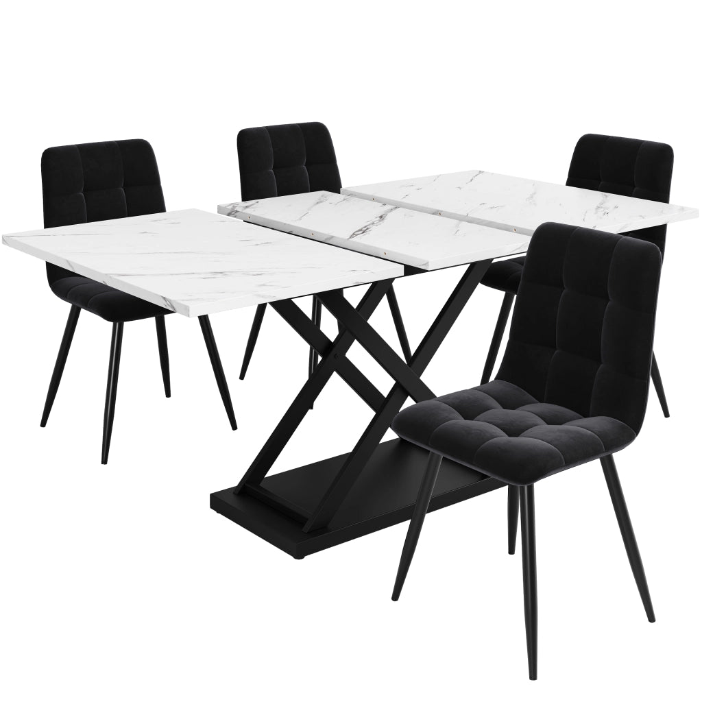 Tavolo da Pranzo Allungabile con 4 Sedie ¨C MINIMAL ¨C Piano Effetto Marmo Bianco, Sedute Velluto Nero, 160x80x75