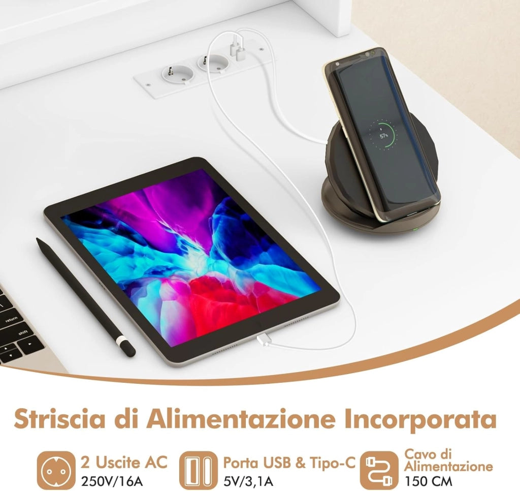 Scrivania per Computer con 2 Prese di Corrente e Prese USB, Scrivania Salvaspazio con Cassetto e Ripiano Estraibile per Tastiera e Ripiano Regolabile,105 x 55 x 89 cm, Bianco