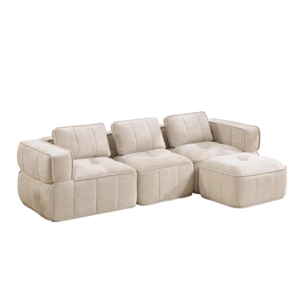 Divano modulare angolare a 3 posti con 1 pouf senza telaio e seduta profonda in poliestere beige per soggiorno