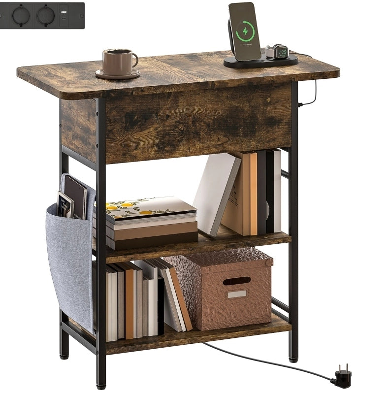 Tavolino laterale 60x29,8x58,5 cm con prese USB e USB-C in truciolare marrone rustico