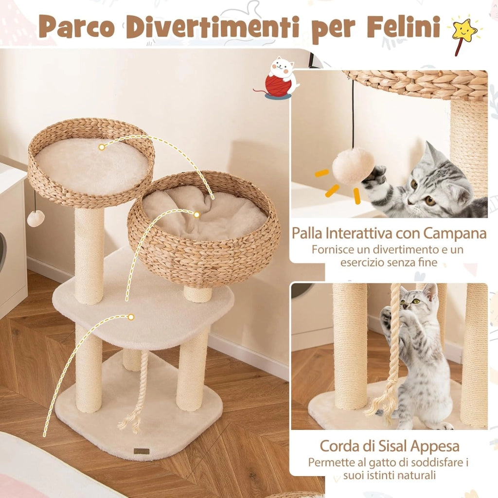 Tiragraffi per Gatti Piccoli, Tiragraffi con Cuccia, Piattaforma, Pallina e Palo in Sisal Naturale, Albero per Gatti da Divano, Salotto e Camera da Letto