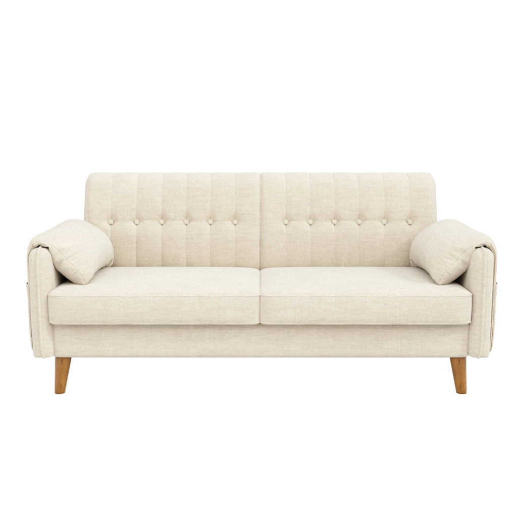 Divano 2 posti in ciniglia beige con cuscini; tasche laterali e gambe in legno massello