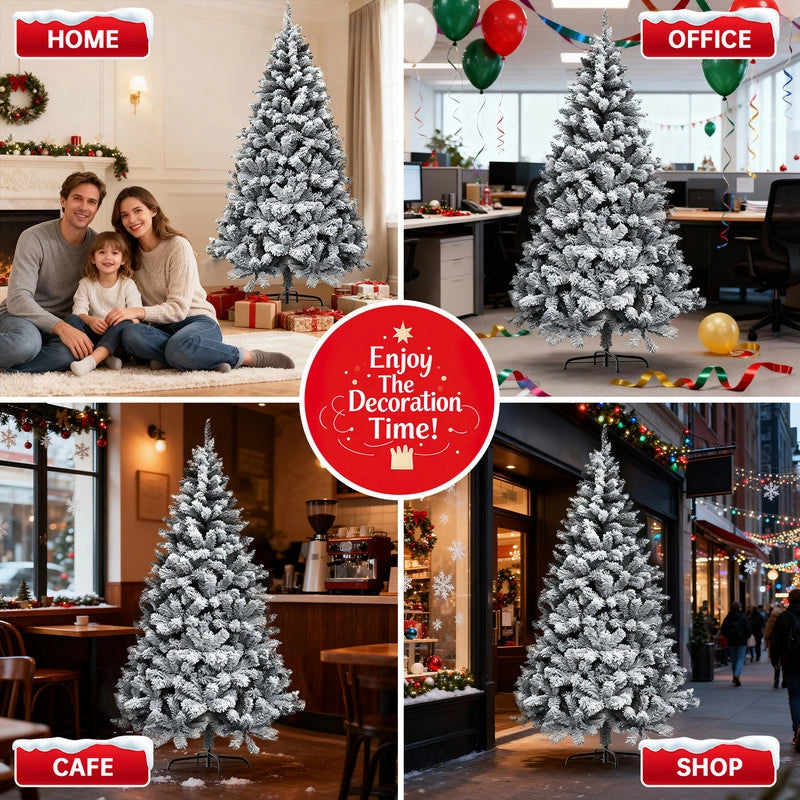 Albero di Natale in pino innevato super spesso con base a croce in ferro pieghevole, effetto neve realistico con rami che si aprono a ombrello (210cm)
