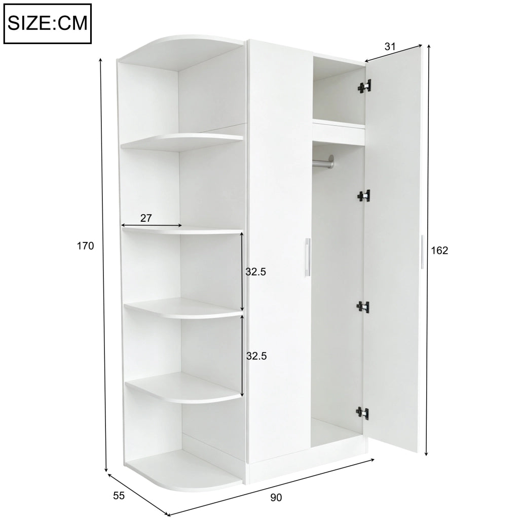 Armadio guardaroba a 2 ante 90x55x170 cm con ripiani e cassetti in MDF; bianco