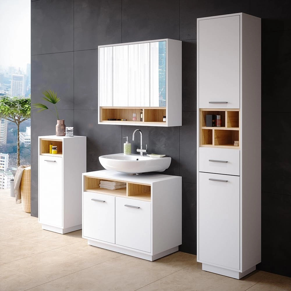 Set mobili bagno Beatrice, Bianco, 80 cm, composto da mobile lavabo, pensile a specchio, colonna e base media