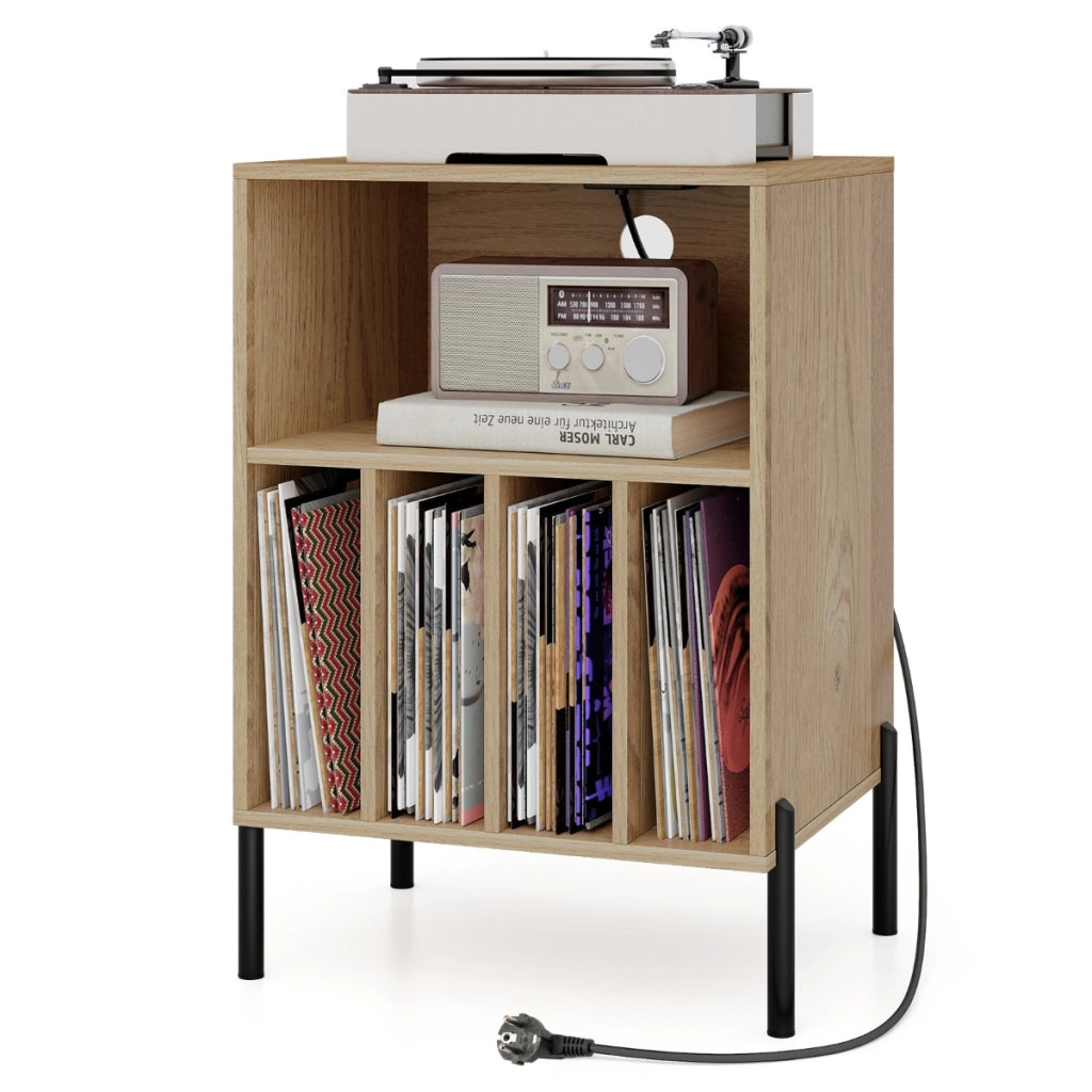 Supporto per giradischi con gambe in metallo, stazione di ricarica e porta USB, Mobile con mensola porta vinili Naturale-Scaffali e librerie