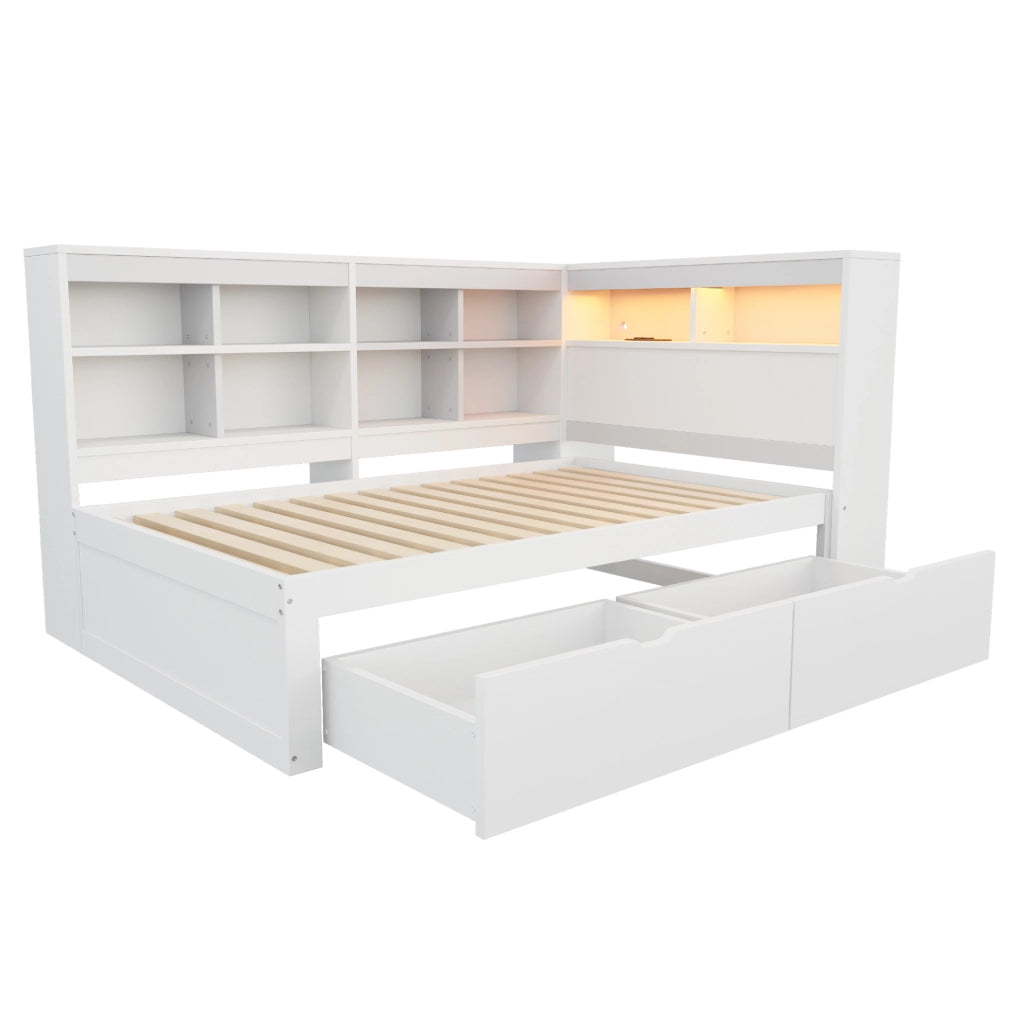 Letto da giorno ULEVR 90x200 cm con cassetti, ripiani, LED multicolore e presa USB, bianco