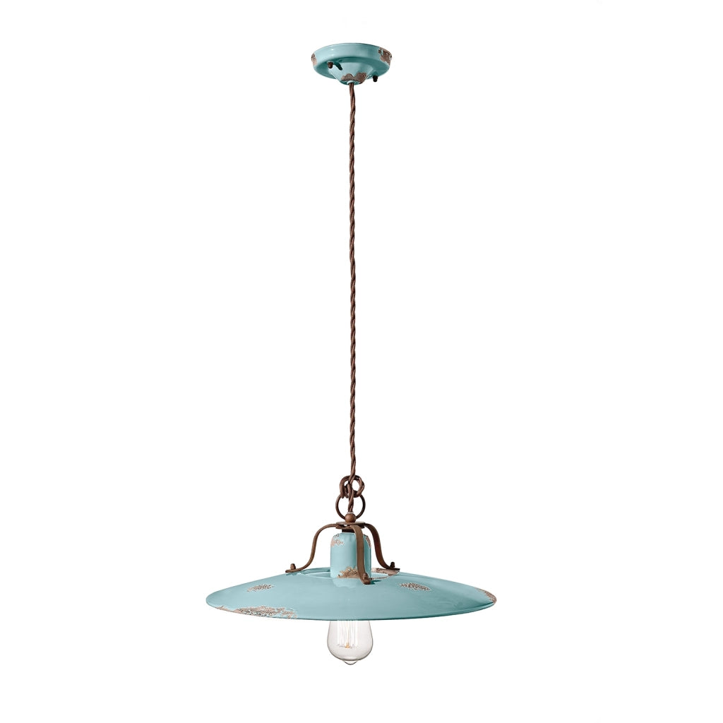 Lampadario Vintage Country Ferro E Ceramica Azzurro 1 Luce E27