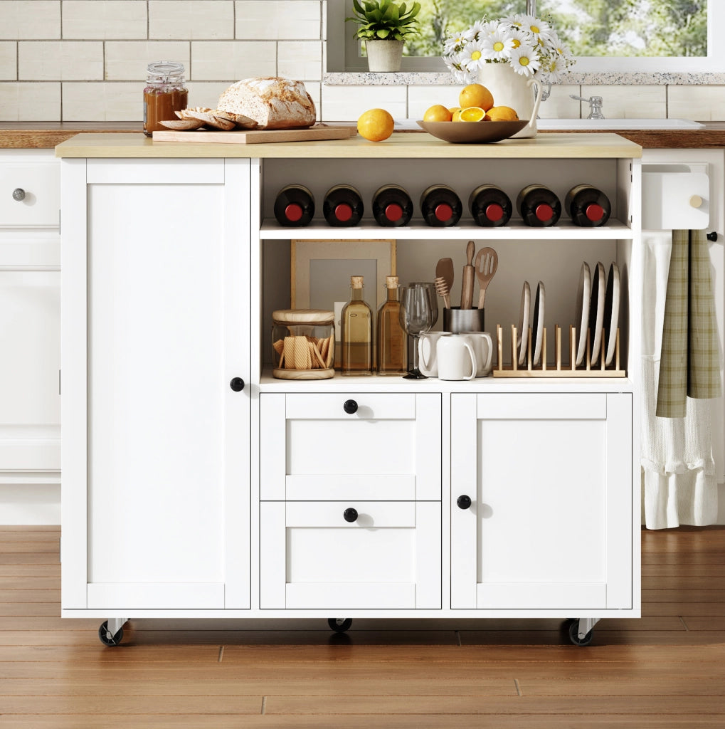 Isola da cucina con piano ribaltabile 104x45(69)x89 cm in MDF naturale e bianco