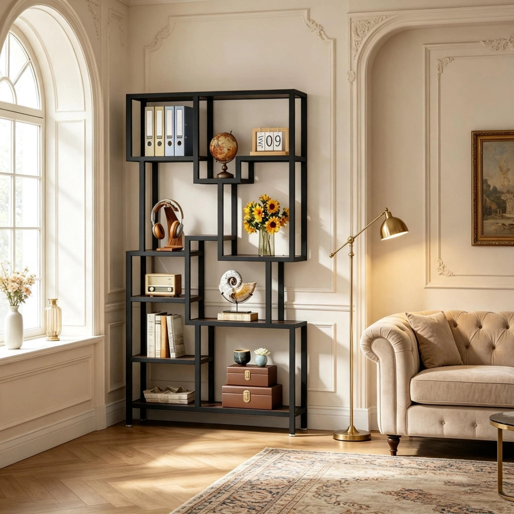 Libreria 100x30x180 cm a 7 ripiani aperti in metallo e truciolare nero e marrone rustico
