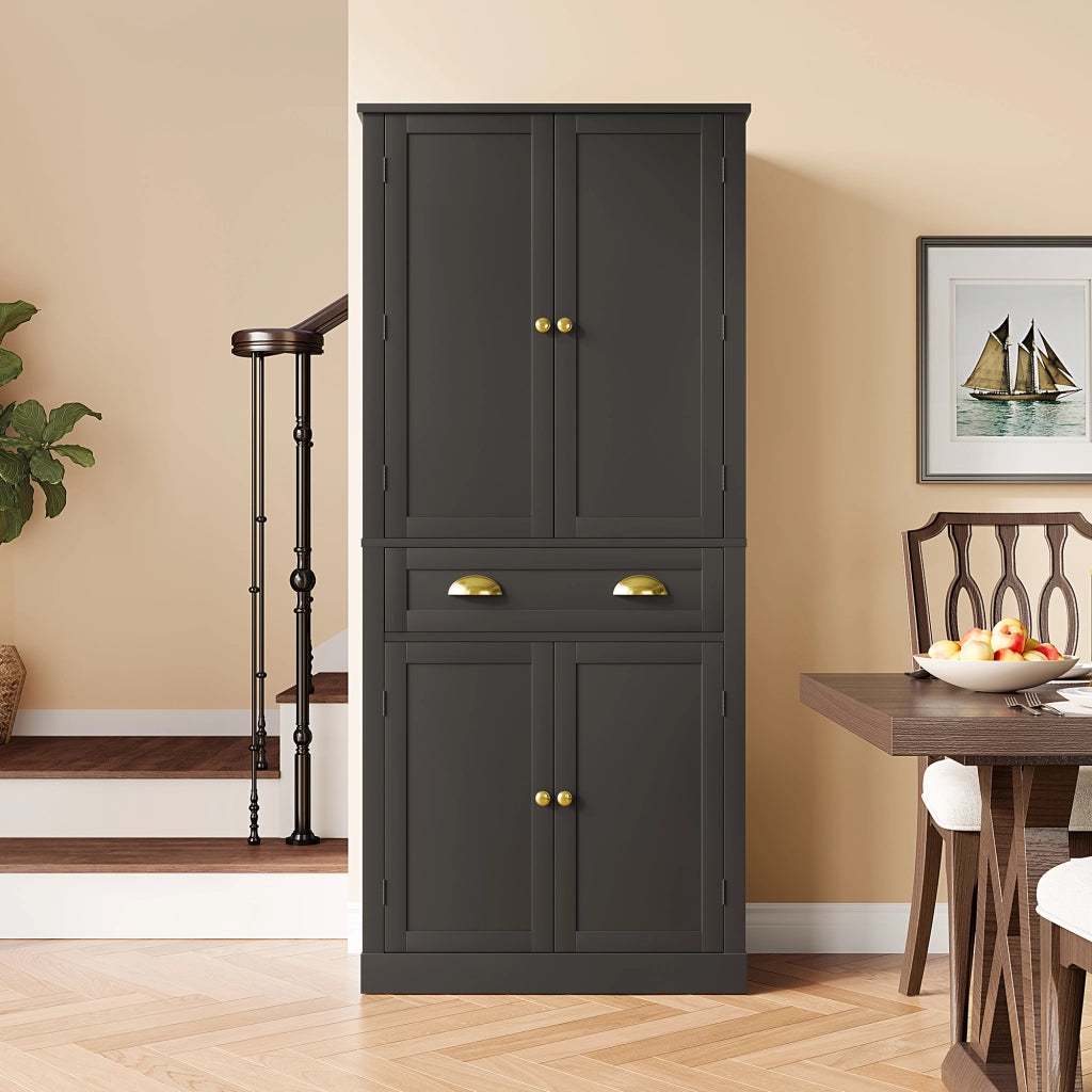 Credenza da Cucina Alta con 4 Ante; 1 Cassetto e 4 Ripiani Regolabili; in MDF; Nero; 80 x 40 x 182 cm
