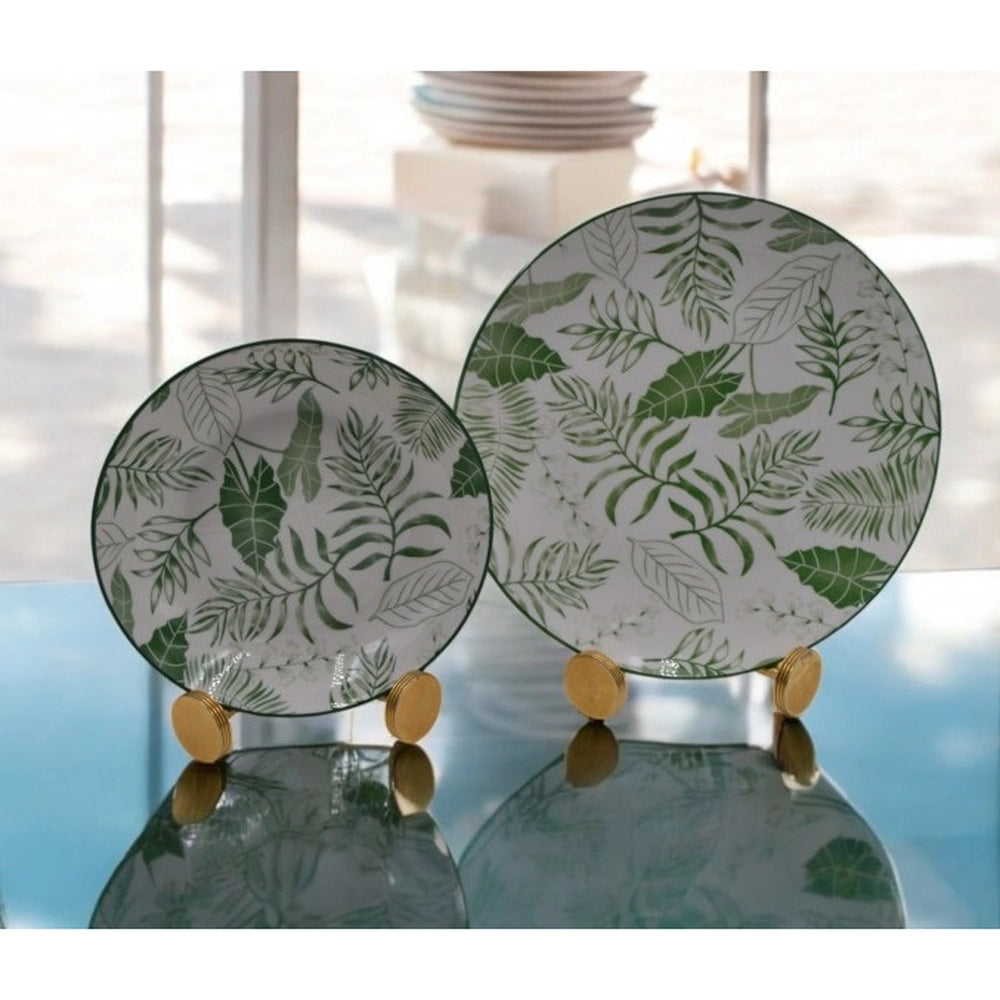 Servizio di Piatti da Tavola in Ceramica Foglie Bordo Verde 12 Pezzi