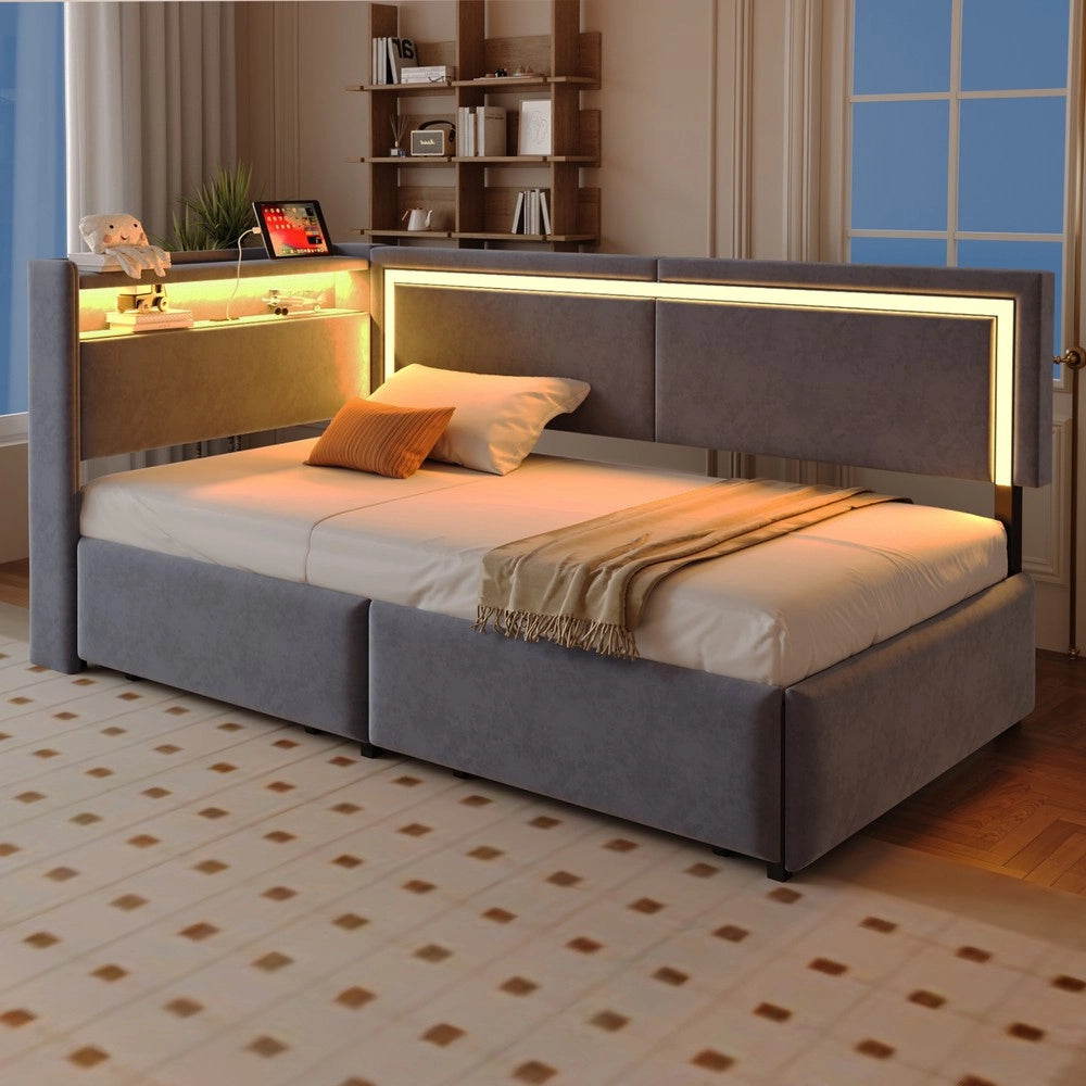 Letto Imbottito con LED, USB e Cassetto ¨C Xylo ¨C Velluto Grigio Scuro 90x200