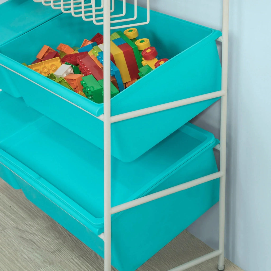 Scaffale bianco portagiochi Libreria bambini 4 scatole in blu con coperchio KMB07-B