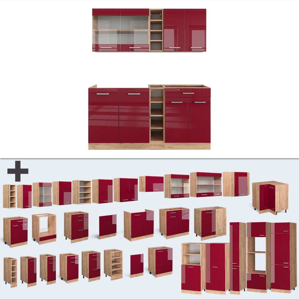 Vicco Cucina completa Rosso lucido/rovere dorato 160 cm , PL Rovere