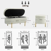 Panca Contenitore Ovale da 72L con Coperchio Sollevabile, in Tessuto Vellutato e Legno, 108x44x43.5 cm, Crema