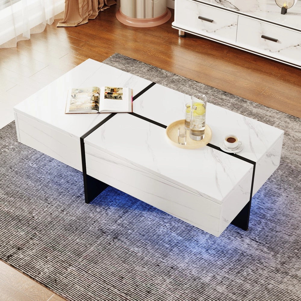 Tavolino da Caff¨¨ con LED ¨C MINIMAL ¨C Effetto Marmo Bianco e Nero, 100x50x34,5cm